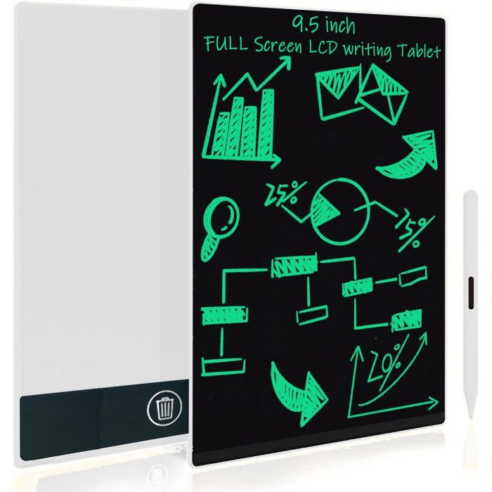 Tablet de escrita LCD preto com gráficos verdes e caneta branca.