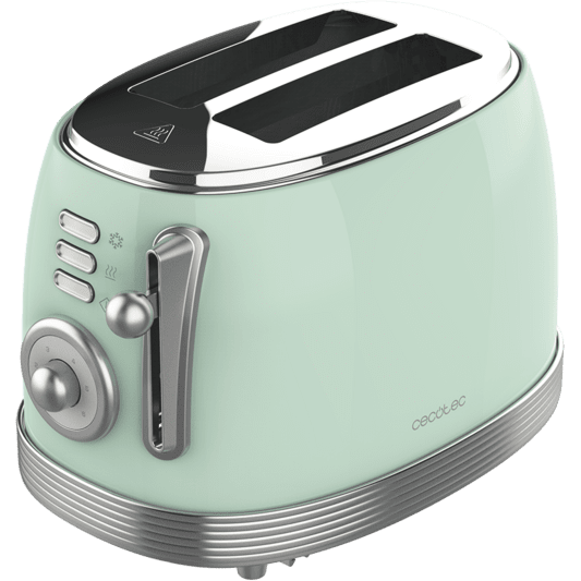 Torradeira Cecotec verde-mint com detalhes prateados e botões de funções