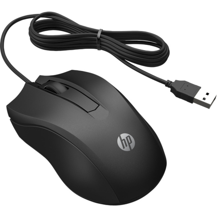 Rato de computador preto com cabo USB e logótipo HP