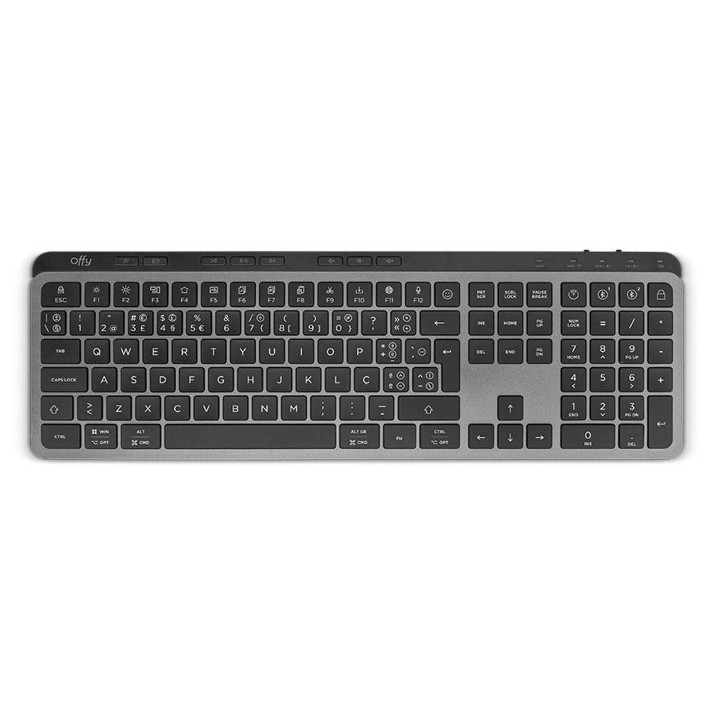 Teclado preto e cinza da marca offy com teclado QWERTY e numérico