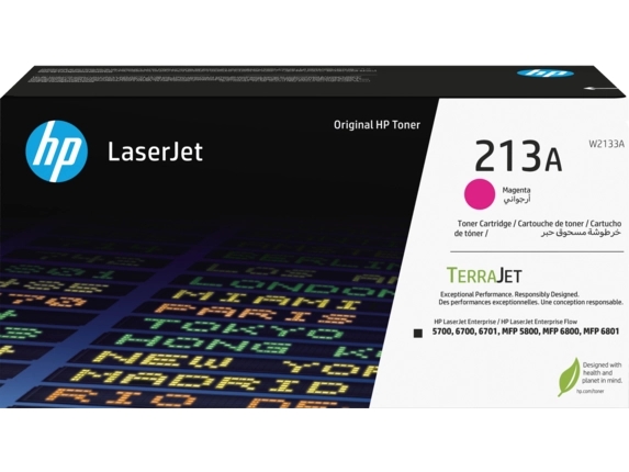 Cartucho toner HP LaserJet 213A Magenta original na embalagem preta e branca