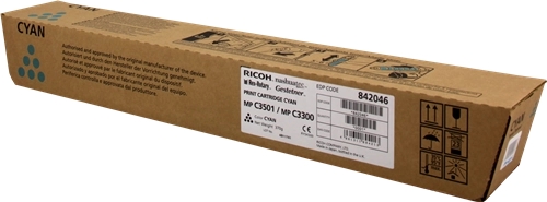 Embalagem de cartucho de tinta ciano Ricoh para impressora.