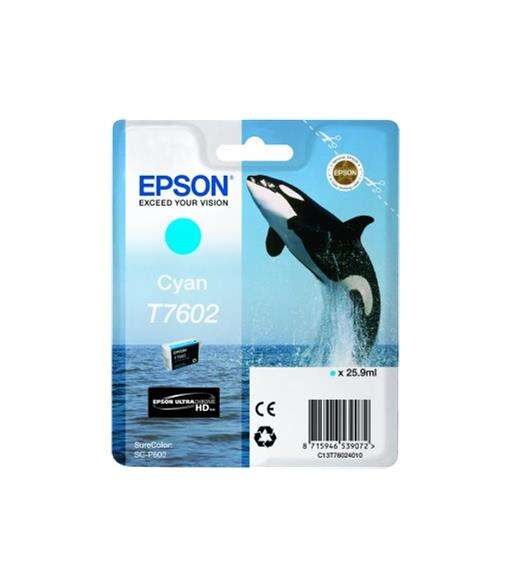 Embalagem de tinteiro Epson Cyan T7602 com imagem de orca e mar