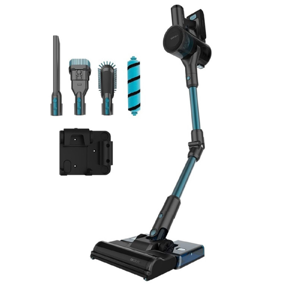 aspirador sem fio preto e azul com acessórios e suporte