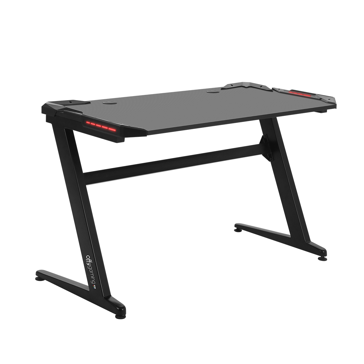 Secretária gaming preta com luzes LED vermelhas e estrutura em Z