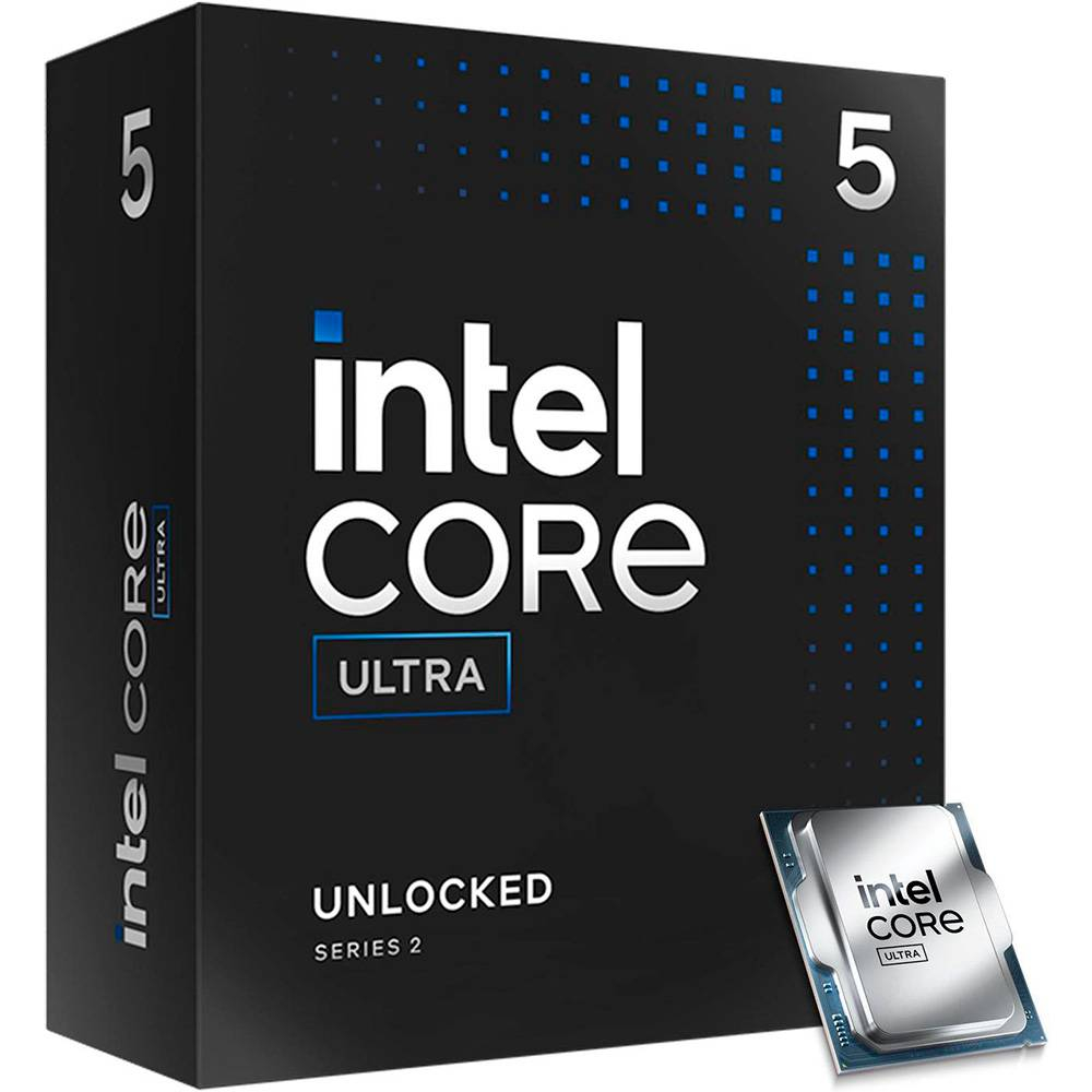 Caixa preta de processador Intel Core Ultra desbloqueado Série 2 com processador visível ao lado