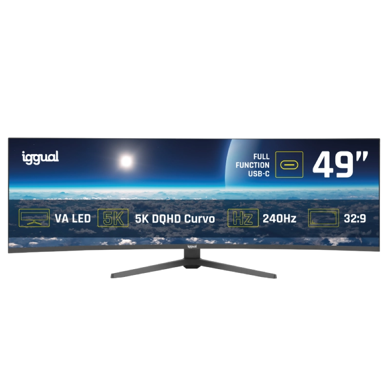 Monitor ultrawide curvo Iggual 49 com especificações técnicas visíveis.