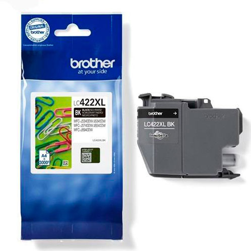 Cartucho de tinta preto Brother LC422XL BK com embalagem azul e cartucho cinzento