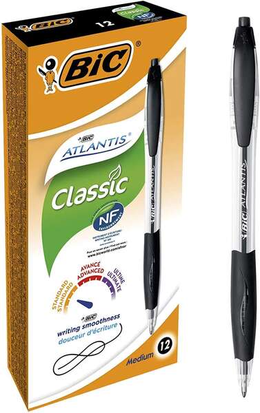 Caixa e caneta BIC ATLANTIS Classic preta e translúcida