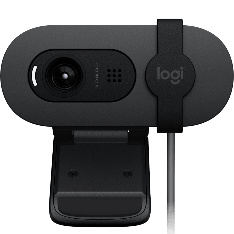 Webcam preta com lente e logotipo logi