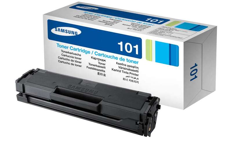 Toner Samsung modelo 101 com caixa branca azul e verde