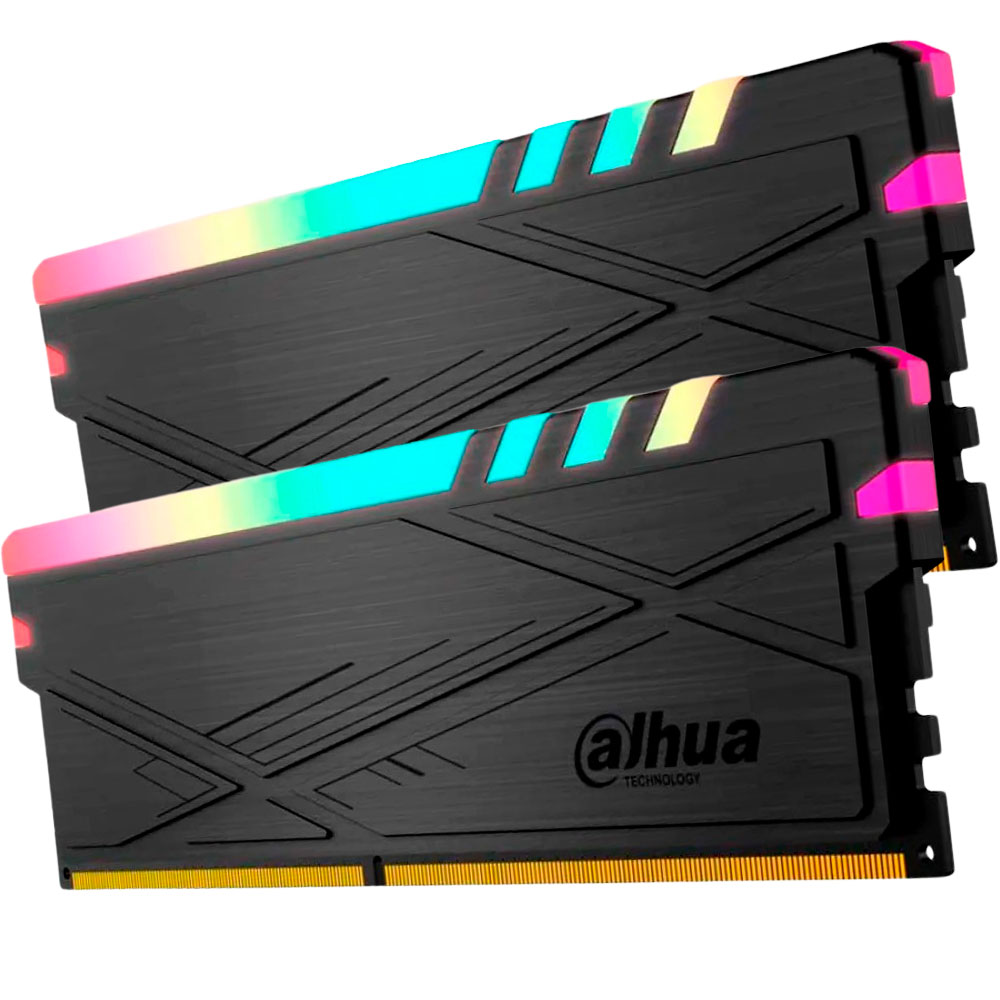 Módulos de memória RAM pretos com iluminação RGB e texto Dahua Technology