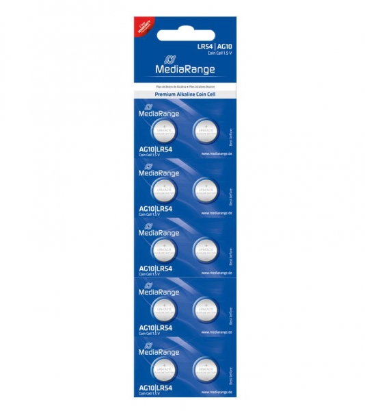 Pack de 10 pilhas de moeda alcalinas MediaRange AG10 LR54 1,5 V em blister azul