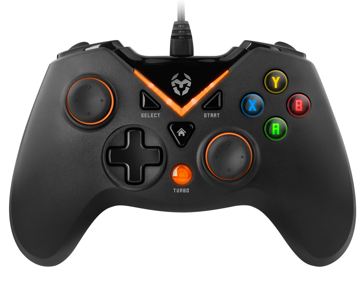 Comando de videojogo preto com botões coloridos e detalhes laranja