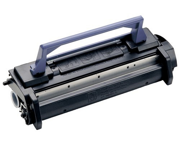 Toner preto para impressora com pega roxa e detalhes em metal.