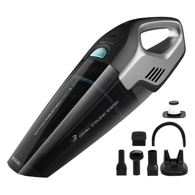 aspirador portátil preto e cinzento com acessórios