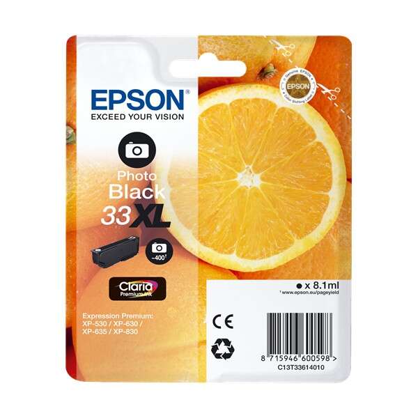 Embalagem de tinta Epson Photo Black 33 XL com imagem de laranja