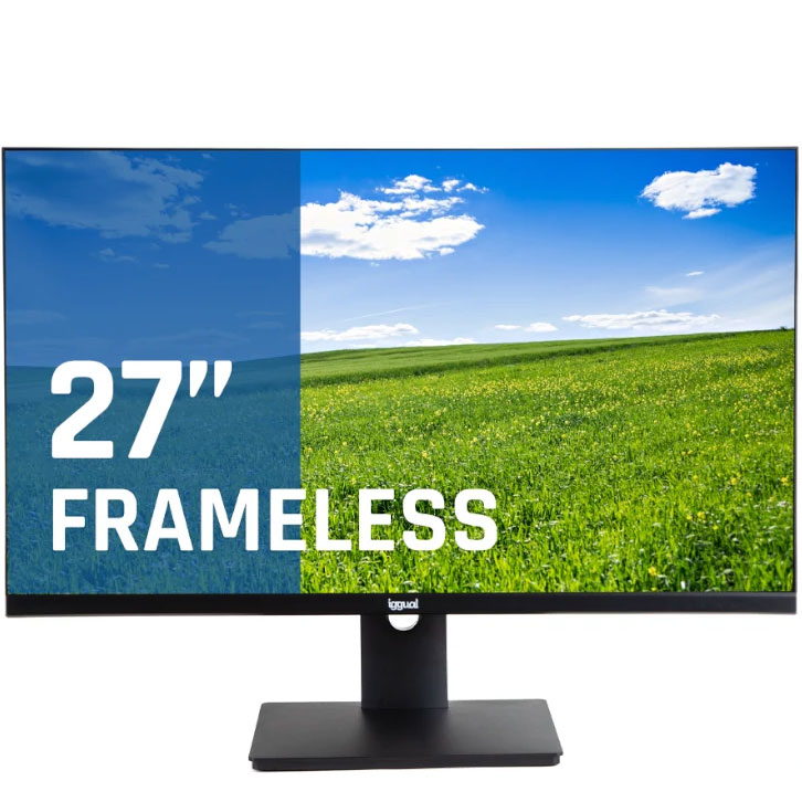 Monitor preto de 27 polegadas sem moldura com imagem de campo verde e céu azul.