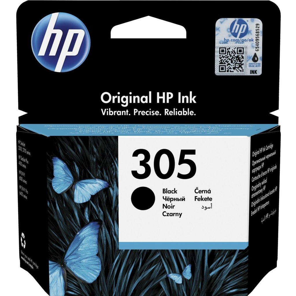 Embalagem de tinteiro original HP 305 preto com borboletas azuis