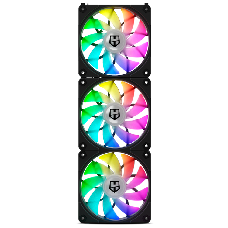 Três ventoinhas para computador com luzes coloridas e moldura preta