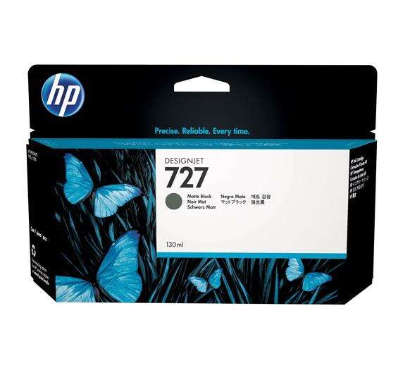 Embalagem de tinta HP Designjet 727 Matte Black com borboletas azuis