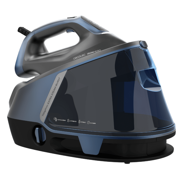 Ferro de engomar a vapor Cecotec IRONHERO preto e azul escuro com texto visível e ícones
