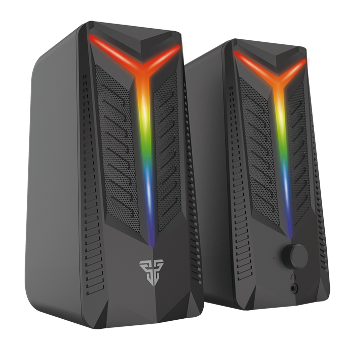 Colunas de computador pretas com LEDs coloridos