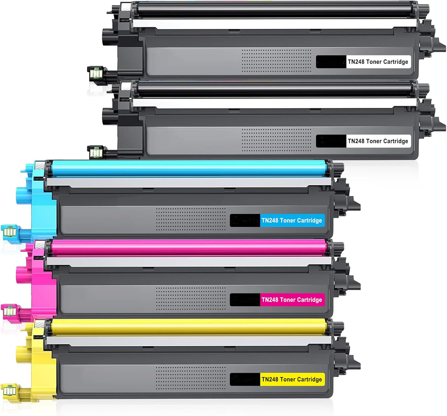 Cinco cartuchos de toner TN248 para impressora, nas cores preto, ciano, magenta e amarelo.