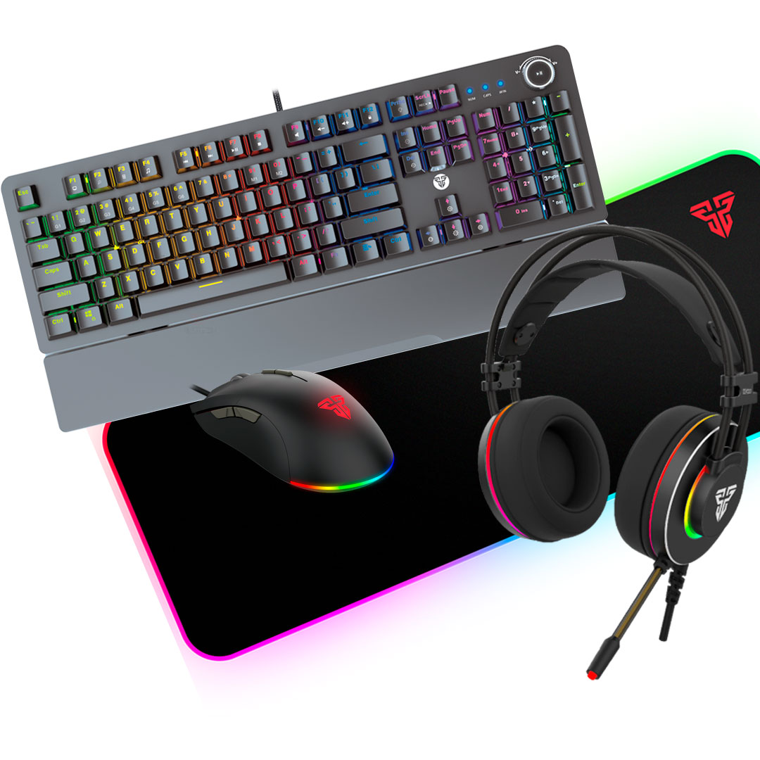 Conjunto gaming com teclado, rato, auriculares e tapete de rato com iluminação RGB