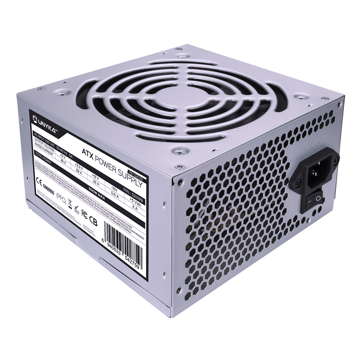 Fonte de alimentação ATX POWER SUPPLY metálica cinza com ventilador e grelha hexagonal