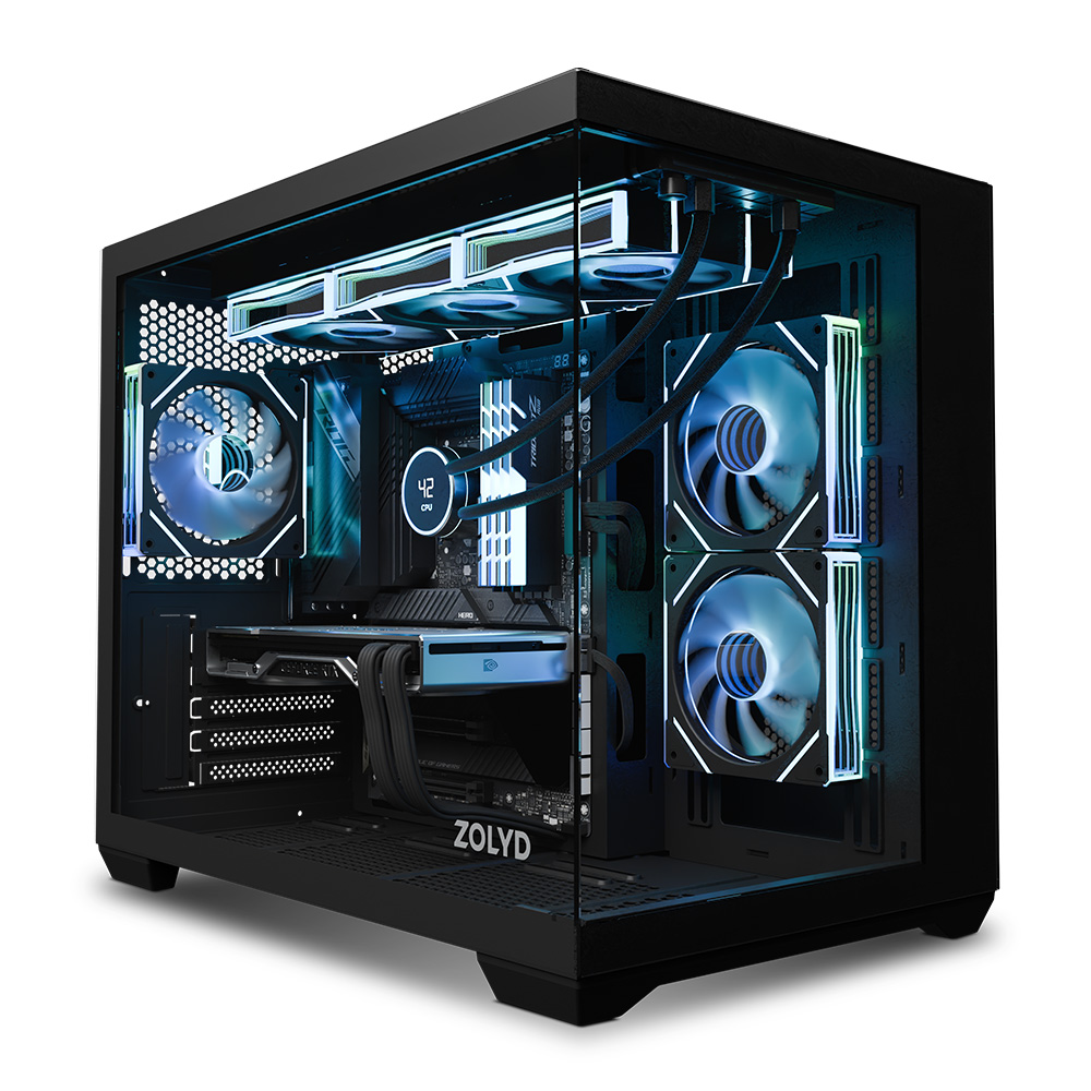 Computador desktop com painel lateral em vidro e iluminação azul