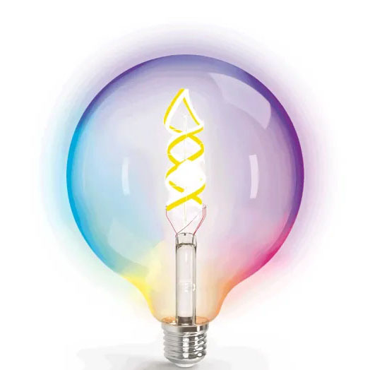 Lâmpada LED decorativa com bulbo colorido e filamento espiral