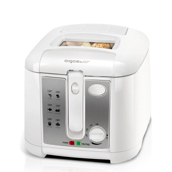 fritadeira elétrica branca com visor superior e painel frontal metálico e botões de controlo