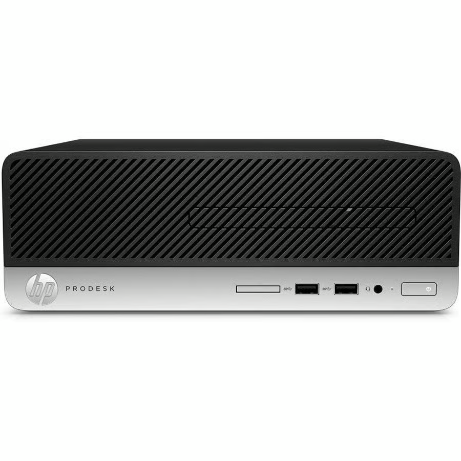 Computador desktop HP ProDesk preto e cinzento com portas USB e leitor de cartão