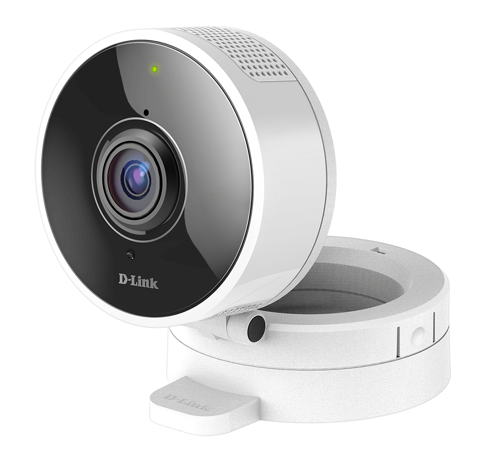 Câmara de segurança D-Link branca e preta com base ajustável.