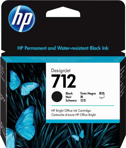 Cartucho de tinta HP DesignJet 712 preto com ilustração de borboletas azuis