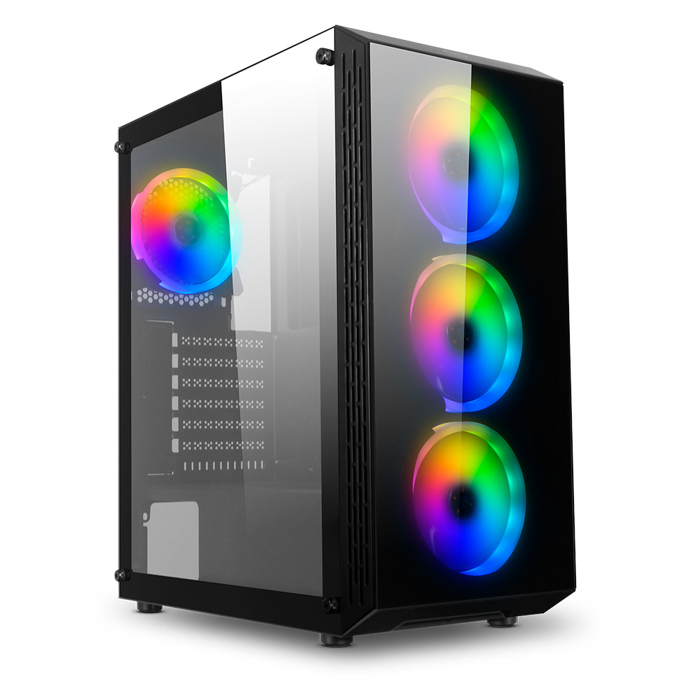 Computador com caixa preta e ventoinhas RGB coloridas visíveis
