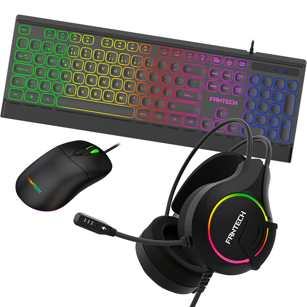 Conjunto de teclado, rato e auscultadores RGB pretos da FANTECH.