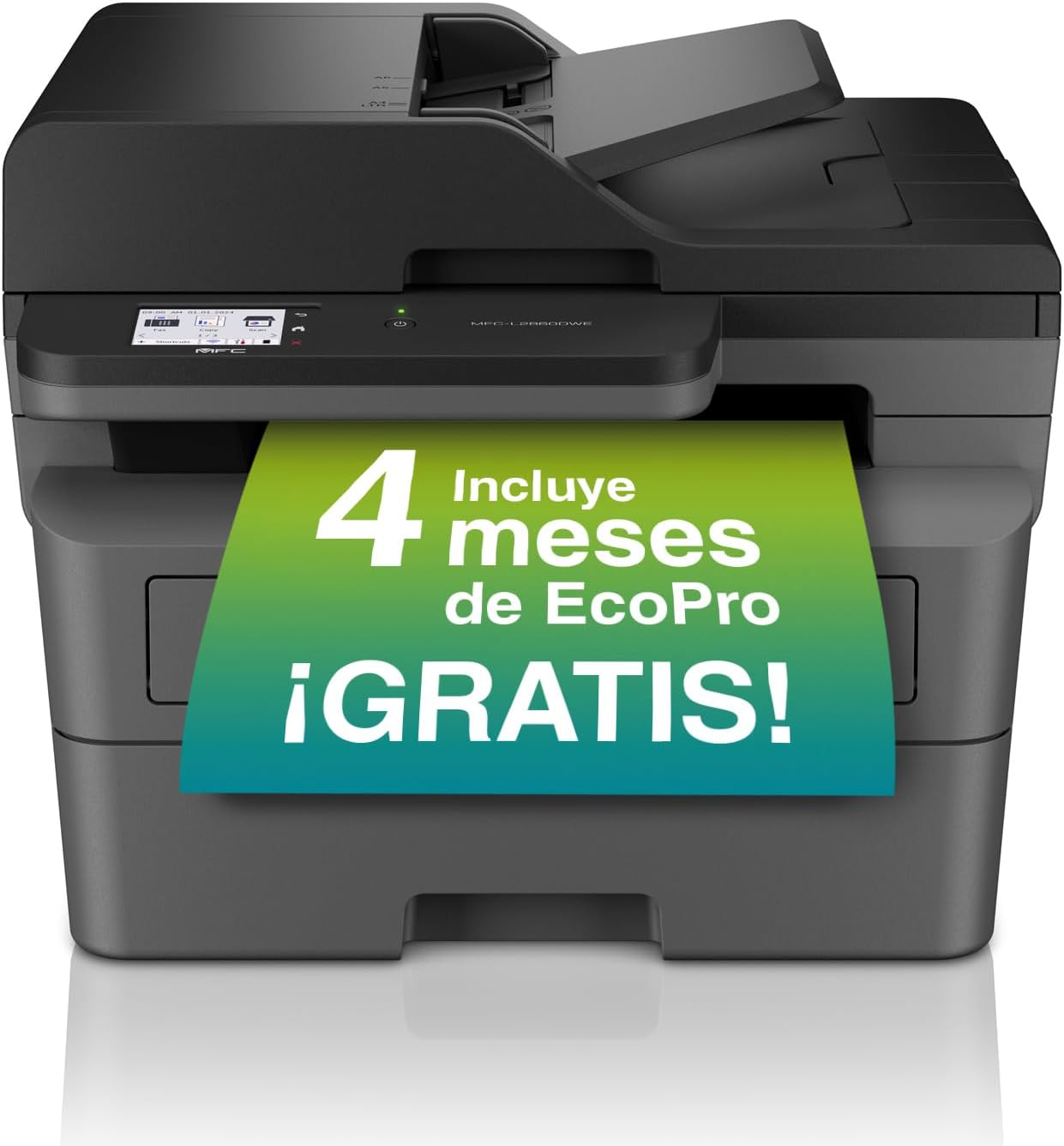 Impressora multifunções preta com ecrã digital e papel verde a sair com texto promocional