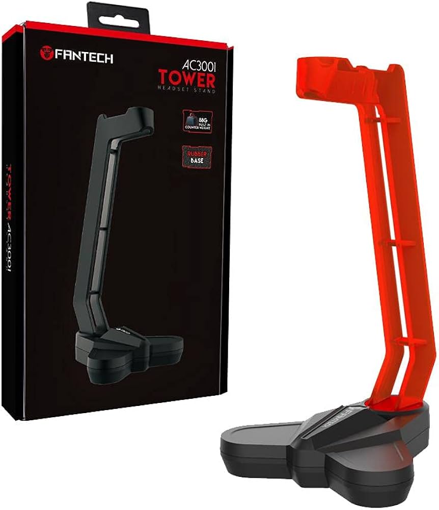 Suporte para auscultadores Fantech AC3001 Tower em preto e vermelho com embalagem do produto