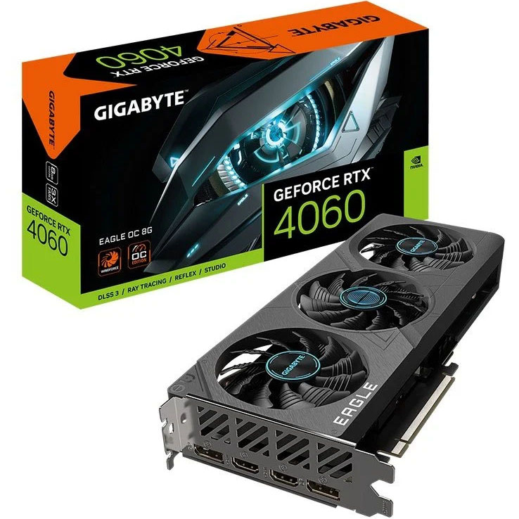 Placa gráfica Gigabyte GeForce RTX 4060 com três ventoinhas e embalagem colorida
