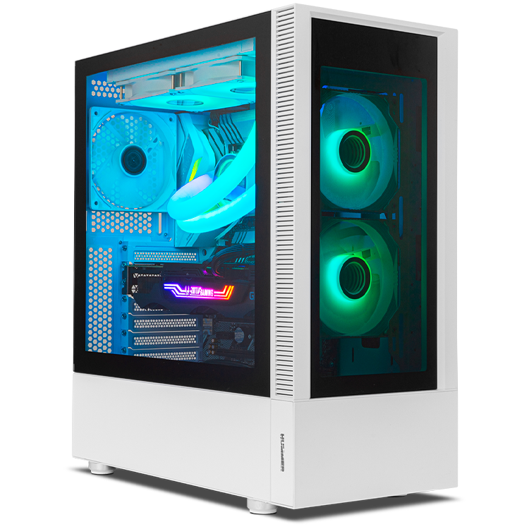 Torre de computador branca com iluminação RGB e vidro temperado