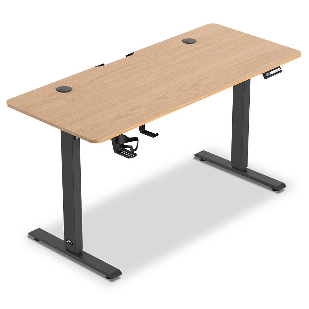 Mesa de escritório ajustável com tampo em madeira clara e estrutura preta