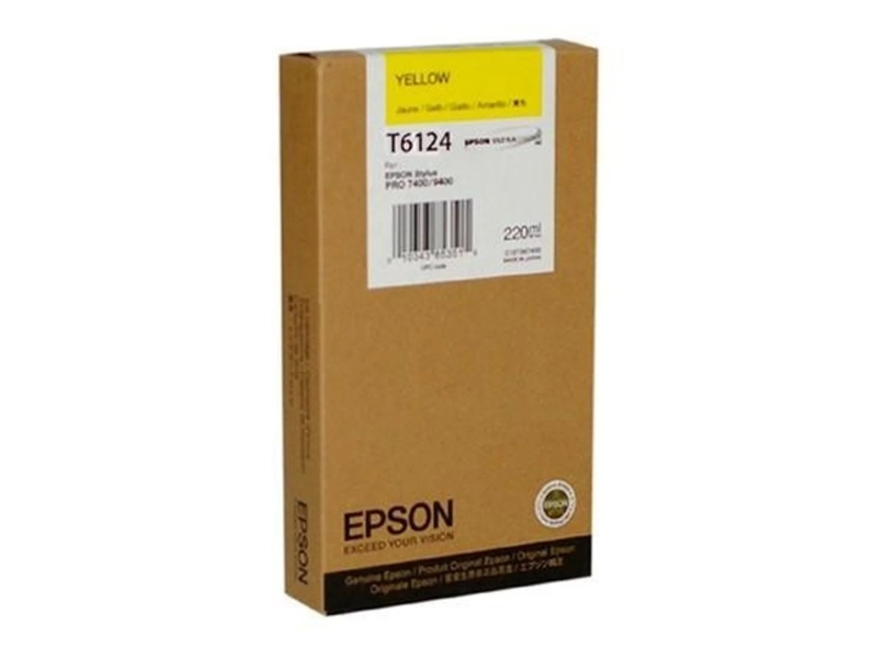 Cartucho de tinta amarelo Epson T6124 em embalagem castanha com etiqueta branca e amarela