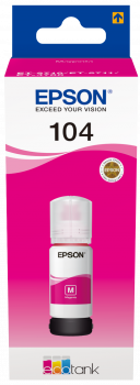 Frasco de tinta Epson 104 magenta em embalagem rosa e azul