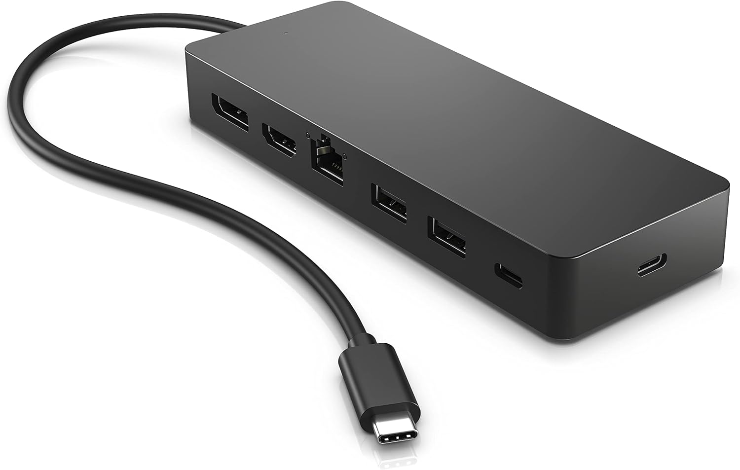 Adaptador USB-C preto com várias portas e cabo USB-C