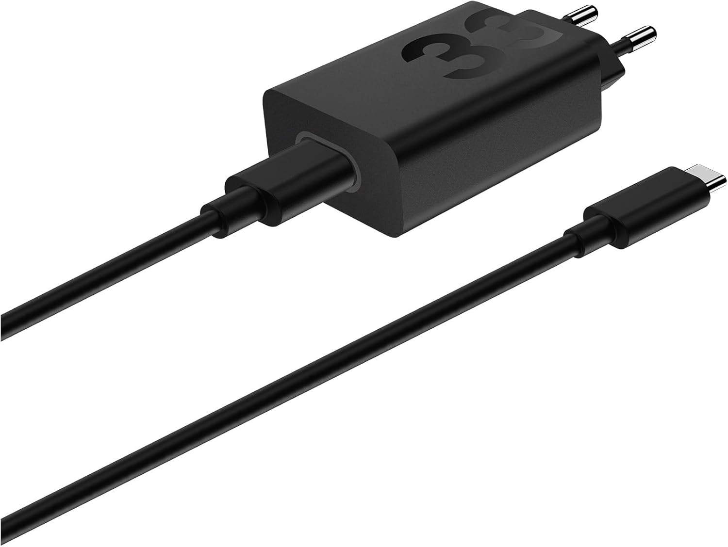 Carregador preto USB-C com plugue europeu e cabo