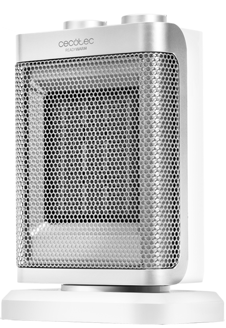 Aquecedor portátil branco e prata com grelha de metal e dois botões no topo