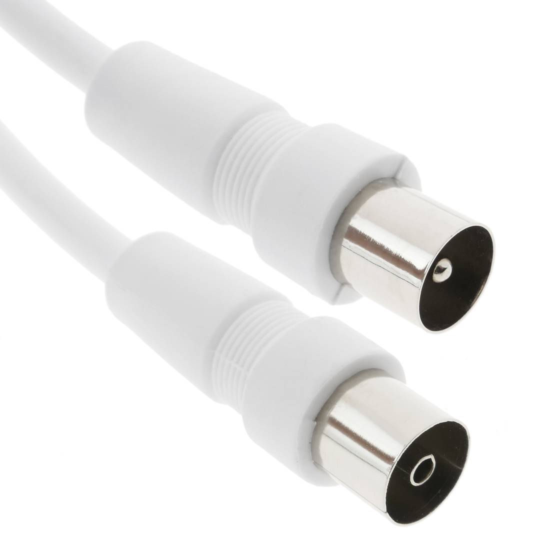 Cabo coaxial branco com conectores metálicos cilíndricos