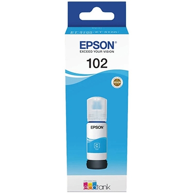 Embalagem de tinta Epson 102 ciano para impressora com design azul e branco
